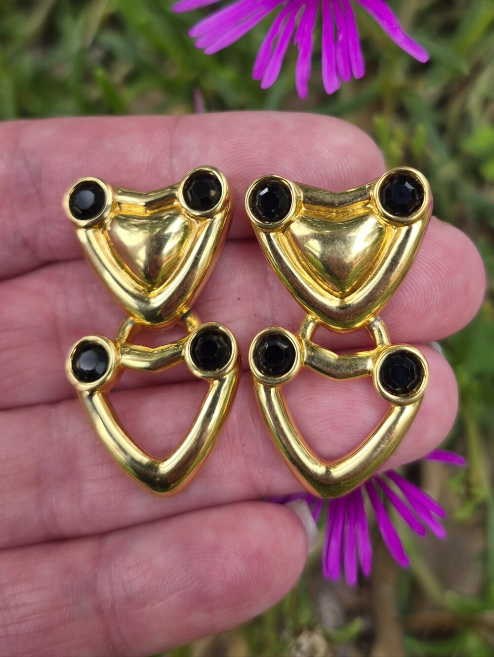 Swarovski Unique Vintage 90s Gold Plated Black Crystal Post Dangle Earrings